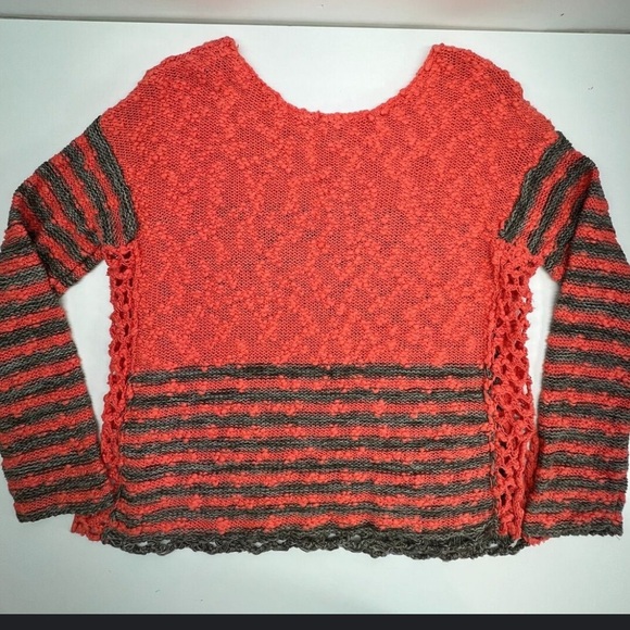 Free People Oversized Open Knit Sweater Stripe Weave Crochet Boho Scallop parka - Picture 9 of 9